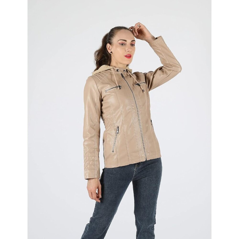 Women's Apricot Hooded Moto Biker Outerwear Fall Fashion Faux Leather Jacket - Picture 3 of 5
